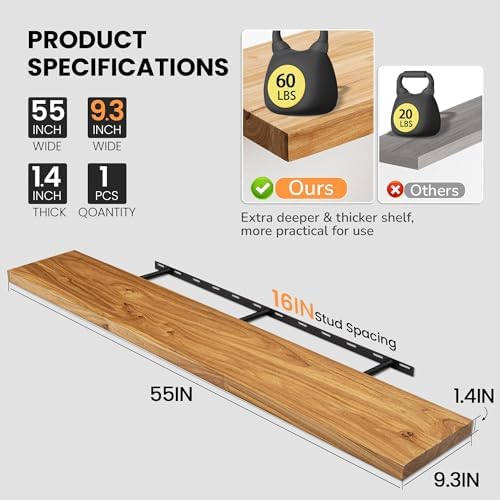 Fun Memories Floating Shelves for Wall, 55"x9.3" Rustic Solid Elm Wood Shelves, Heavy-Duty Wall Mounted Shelves with Invisible Brackets for Living Room, Bedroom, Kitchen, Natural Finish - Image 4