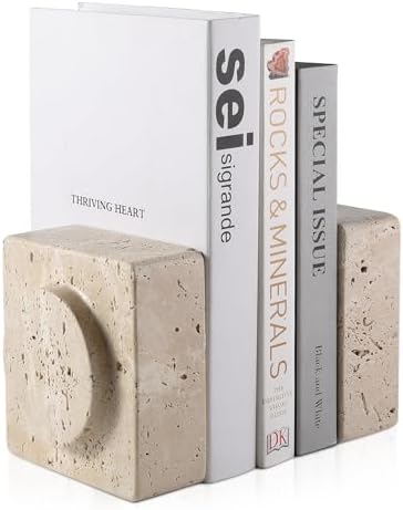 Koville Marble Square Book Ends, Heavy Duty Book Holders, Bookends for Shelves, Office Bookshelf Decor for CDs/Video Games(Travertino Romano) by Koville