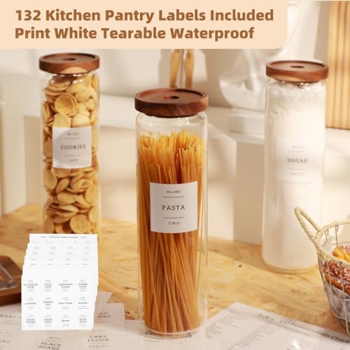 3 Pack Glass Canisters with Airtight Acacia Lids and 132 Kitchen Pantey Labels Preprint - 51 Fl Oz Borosilicate Glass Pantry Storage Jars Containers with Wooden Lids for Pasta,Spaghetti,Cereal,Noodles - Image 6