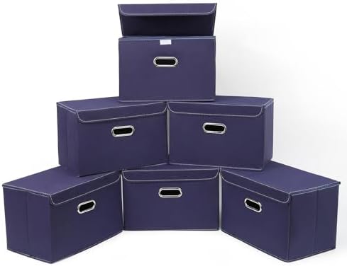 STOREONE Fabric Storage Cube Bins Foldable Organizer Container Collapsible Basket with Lids and Metal Handles, for Home, Bedroom, Closet 6 Pcs (Navy Blue) by STOREONE