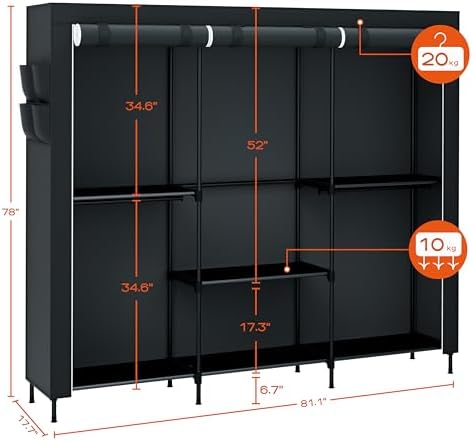 CASAMAYA Portable Closet, 81.5 Inch Extra Large Capacity Wardrobe Closet with Cover, Clothes Storage Organizer with Shelves and 5 Hanging Rods, Easy to Assembly, Black PCT136B01 - Image 5