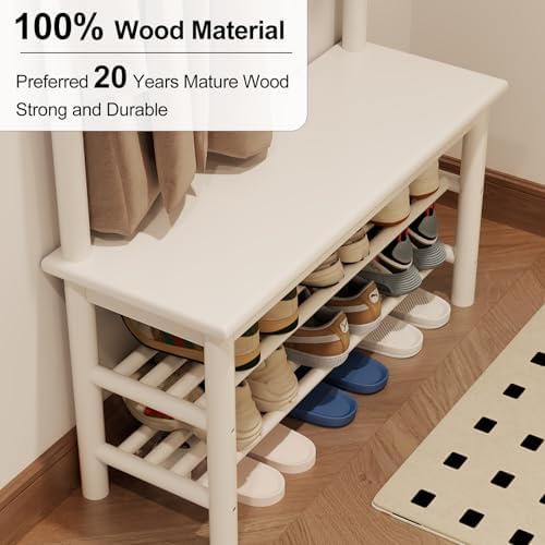 AQIMUELE Coat Rack with Shoe Storage, Wooden Hall Tree with Bench, 11 Hooks and 2-Tier Storage Shelves, 3-in-1, Entryway Bench with Coat Rack (31.5"-White) - Image 4
