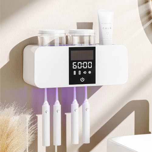 Smart Wall-Mounted Toothbrush Holder with Solar Charging, 4 Brush Slots & 2 Cup, Multi-Function Electric Toothbrush Organizer with Built-in Dryer for Home Bathroom (White - 2 Cups) by WREWING