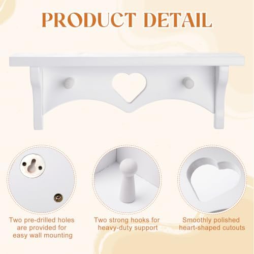 Novabright 2 Pcs Wooden Heart Shelf 16" Vintage Wall Shelf, White - Image 3