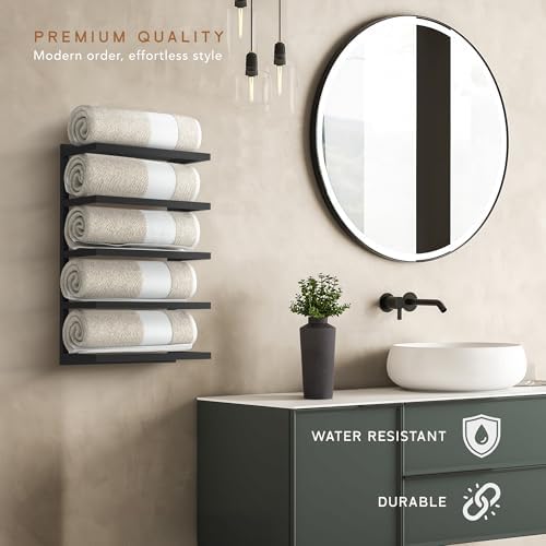 Modern 5-Tier/6-Tier Towel Rack - Wall-Mounted Black Metal Towel Shelf for Bathroom, Space-Saving Storage for Towels, Organizers, and Home Decor (5-Tier) - Image 5