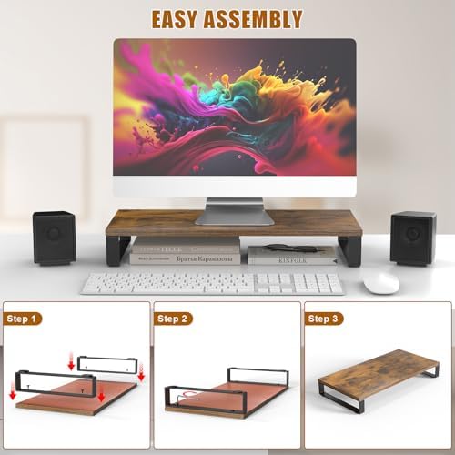 XINYAO Wood Monitor Stand Riser for Desk, 24x12x3 inch, Rustic Brown - Image 3