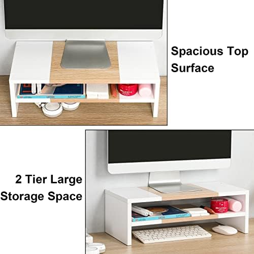 TEAMIX 20 inch Monitor Riser Stand - 2 Tiers, Wood Morden Desktop Bookshelf - Image 3