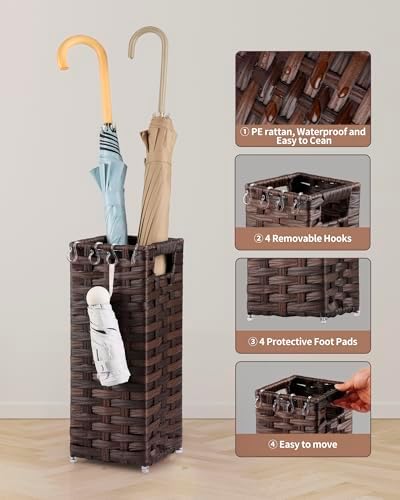 Rattan Umbrella Stand, Umbrella Holder for Entryway, Hand Woven Umbrella Rack Organizer Freestanding, with a Detachable Drip Tray, 4 Hooks, 6.5" L x 6.5" W x 16.5" H, Brown - Image 6