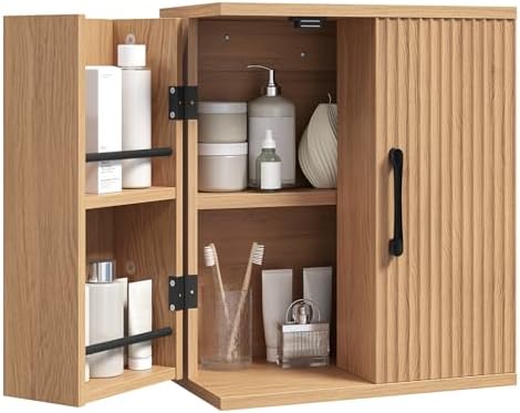 YATINEY Bathroom Wall Cabinet, Medicine Cabinet Wall Mounted, Over The Toilet Storage Cabinet, Fluted Cabinet with 2 Doors, for Bathroom, Kitchen, Laundry Room, Natural - Image 6