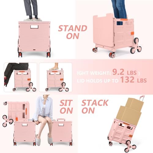 Foldable Utility Cart with Stair Climbing Wheels,Collapsible Rolling Crate with Magnetic Lid Telescopic Cover,Telescoping Handle,360° Rotate Wheel Hand Cart for Teacher Shopping Moving Grocery(Pink) - Image 2