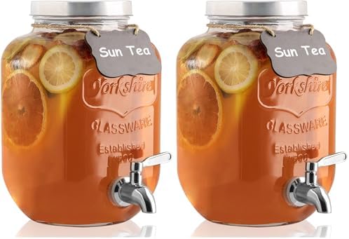 1 Gallon Drink Dispenser with Spigot 18/8 Stainless Steel – Airtight & Leakproof Glass Sun Tea Jar with Anti-Rust Lids, Beverage Dispenser for Parties - Laundry Detergent Holder (Pack of 2) by HomeFeel