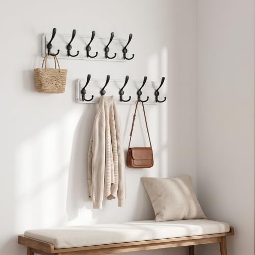 WEBI Coat Rack Wall Mount,Coat Hooks Wall Mounted,16" Hole to Hole,Coat Hanger Wall,Wood Hook Rack Rail,5 Triple Hooks for Hanging Coats,Jacket,Clothes,Farmhouse,Black/White - Image 5