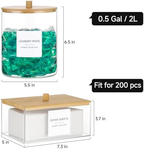 3 Pack Glass Jars and Acrylic Dryer Sheet Holder, Laundry Pods Container with Bamboo Lid and Measuring Cups for Laundry Room Organization, Powder Detergent Containers - Image 2
