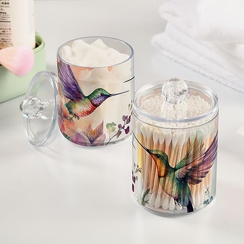 Vnurnrn Qtip Cotton Ball Holder Dispenser with Lid Watercolor Hummingbirds Print, Plastic Jars Bathroom Canisters Storage Organizer 4 Pack - Image 5