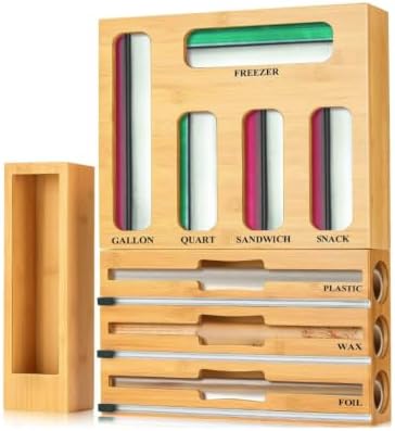 Atlas Lane Supply 9 in 1 Bamboo Storage Bag Organizer for Kitchen Drawer, Bamboo Kitchen Drawer Organizer with Cutter, Foil and Plastic Wrap Dispenser, Storage: Gallon, Quart, Sandwich and Snack Bags by Unknown
