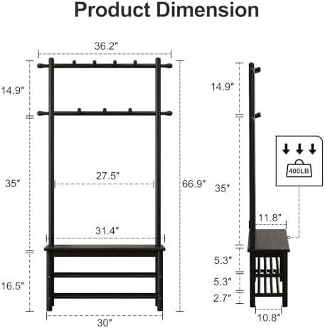 AQIMUELE Coat Rack with Shoe Storage, Wooden Hall Tree with Bench, 11 Hooks and 2-Tier Storage Shelves, 3-in-1, Entryway Bench with Coat Rack (31.5"-Deep Black) - Image 2