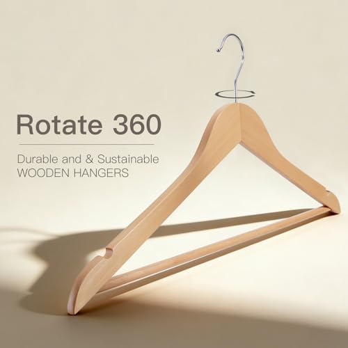 Wooden Hangers 30 Pack,Heavy Duty Solid Wooden Clothes Hangers with Pant Bar,360-Degree Rotatable Hook,Durable & Slim Wood Hangers for Coats,Jackets,Dress,Pants(Natural) - Image 2