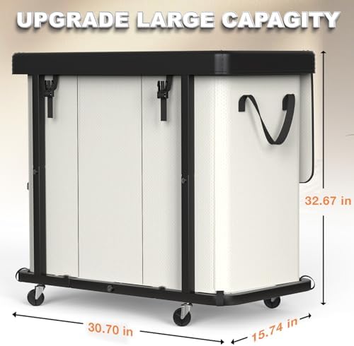 Laundry Basket with Wheels, 230L(60Gal) Laundry Sorter 3 Section - Beige - Image 6