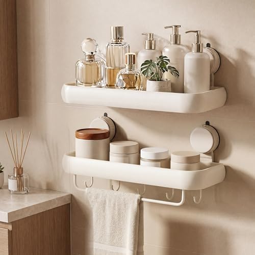 Shower Caddy Suction Cup, 2 Pack Cream White No Drilling Corner Shower Shelves, Detachable and Reusable Bathroom Organizer with Removable Hooks & Towel Bar by Unknown