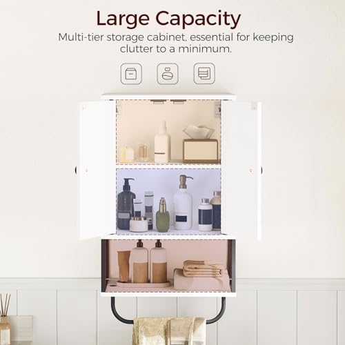 MAHANCRIS Bathroom Wall Cabinet with 2 Door and Adjustable Shelf, Farmhouse Medicine Cabinet with Towel Rack, 3-Tier Wall Mounted Storage Cabinet Over The Toilet for Bathroom Laundry Room, White - Image 4
