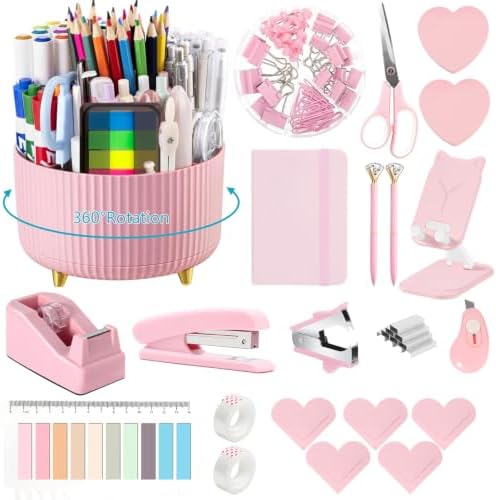Office Supplies,Pink Desk Accessories,Desk Organizer,Stapler,Tape Dispenser,Folding Phone Stand,Scissors,Notebook,Staple Remover,Staples,Clear Tape,Sticky Notes,Clips,Cool Pen,Bookmark,Ect.22pcs by suniya