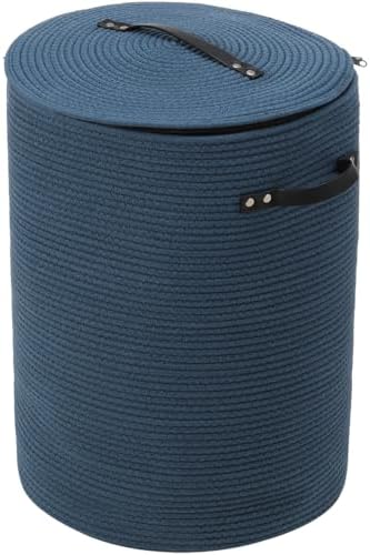 16"x20" Extra Large Cotton Rope Basket with Zipper Lid, Woven Laundry Hamper and Blanket Storage Basket, Round Clothes Bin for Living Room Bedroom, Denim Blue by Cottonphant
