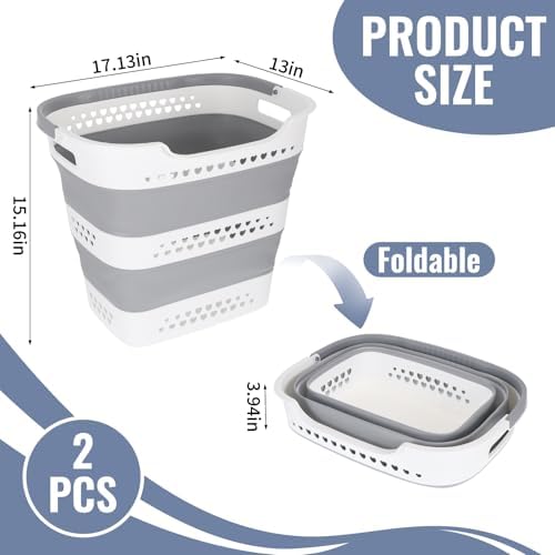 2 Pcs Collapsible Laundry Baskets, 43L Plastic Laundry Hamper for Dirty Clothes Dorm Bedroom, Space Saving Pop-Up Laundry Hamper Container, Foldable Durable Laundry Basket with Handle - Image 2