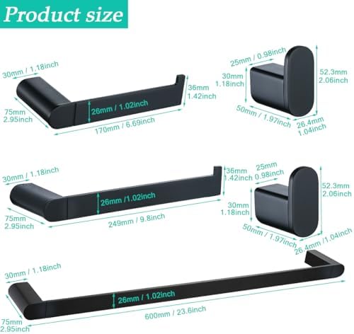 5-Pieces Matte Black Bathroom Accessories Set, Stainless Steel Bathroom Hardware Set, 23.6 Inch Bath Towel Bar Set, Towel Hooks,Towel Racks for Bathroom Wall Mounted,SE96026S-5MB - Image 2
