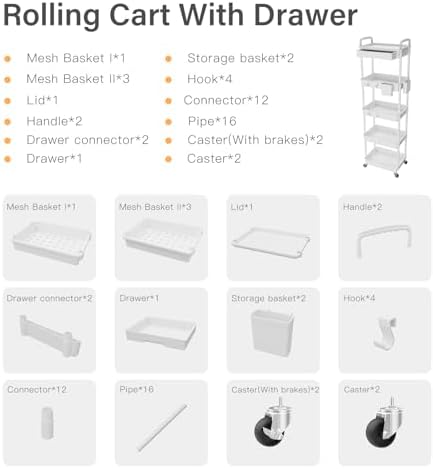 5 Tier Rolling Utility Cart with Drawer,REBECAT Utility Cart Made of Multifunctional Storage Organizer Tool for Kitchen,Bathroom,Living Room,Office(White) - Image 4