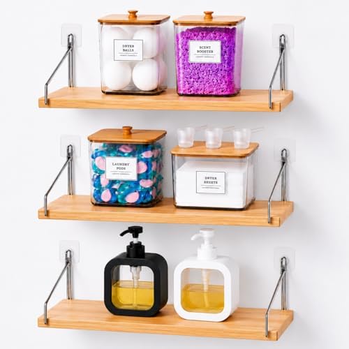 Laundry Room Organization Set, 3pack Wall Mounted Bamboo Floating Shelves with 4 Clear Laundry Pod Containers and 2 Soap Dispensers, No Drill Bathroom & Laundry Room Storage Organizer by Unknown