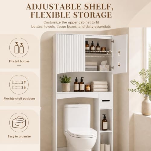 VINGLI Over-the-Toilet Storage Cabinet, 31.5" W White Bathroom Space Saver with Fluted Curved Doors, Adjustable Shelf, Reversible Side Shelving, Toilet Paper Holder and Anti-Tip Kit - Image 3