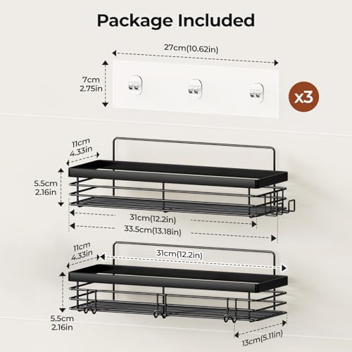 Orimade Shower Caddy with 5 Hooks for Hanging Razor and Sponge Adhesive Shower Shelf Basket Bathroom Storage Organizer Kitchen Rack No Drilling Stainless Steel Rustproof - 2 Pack,Black - Image 2