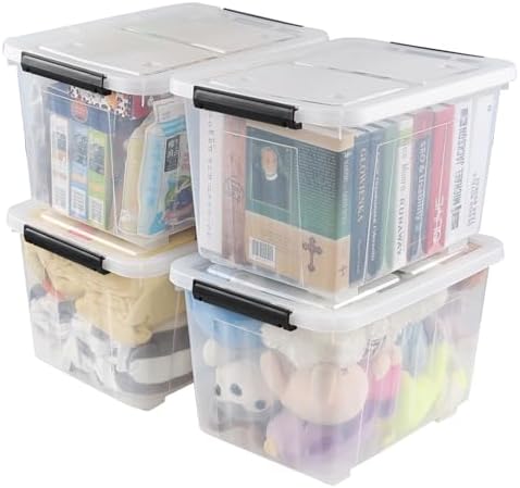 Farmoon 4 Pack 30 Quart Plastic Latching Storage Box Bin with Wheels, Clear by Farmoon
