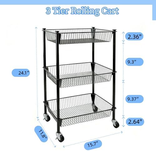 Pantry Organizer and Storage Shelves Kitchen Cart for Fruit Vegetables, 3 Tier Utility Cart with Wheels, Onion Potato Storage Basket Thicken Metal Trolley for Laundry Bathroom, Black - Image 3