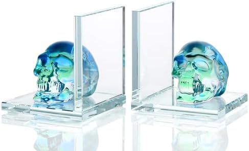 Glass Skull Book Ends for Shelves with Green Crystal Skulls by Ornalrist