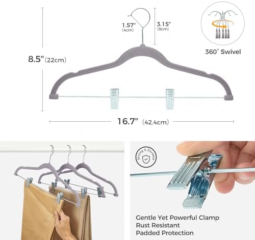 HOUSE DAY Velvet Pant Hangers with Adjudtable Clips 20 Pack, Gray - Image 2