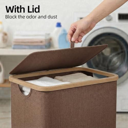 efluky 26 Gal Laundry Basket with Lid and Net Bag, Tall Laundry Hamper with Bamboo Handles, Aesthetic Dirty Clothes Bin for Laundry Room, Bathroom, Bedroom and Dorm, Brown - Image 2