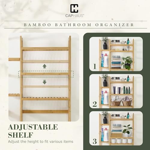CAPHAUS Over -The -Toilet Storage Shelf,7-Tier Bamboo Bathroom Organizer Shelf Rack Over Toilet with Adjustable Feet & Hooks, Freestanding Toilet Shelf for Bathroom Laundry Balcony Plant Stand,Black - Image 5