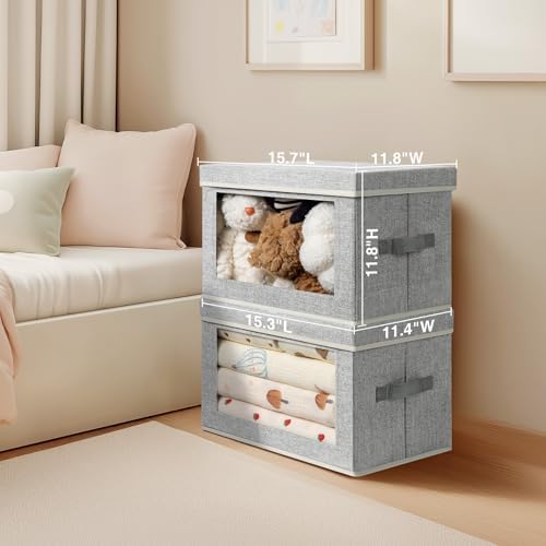 Homsorout Large Storage Baskets Bins with Lids - Stackable Cube Bins for Closet, 3 Pack Windows Organizer Bins, Home Organizers and Storage for Clothes, CD, Towels, Light Grey - Image 2