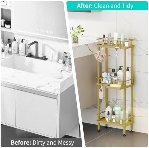 HapiRm Standing Corner Shower Caddy - 3 Tier Corner Shower Organizer with Soap Holder, Rustproof Stainless Steel Bathroom Shelf with 4 Hooks, Gold - Image 7