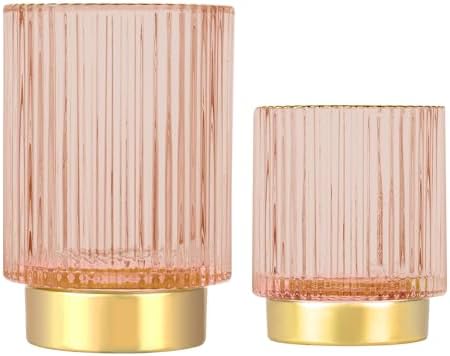 DASITON Makeup Brush holder Organizer,Crystal Cosmetic Makeup Brush Glass Brushes Storage Holder, Vintage Make Up Brush Cup Pen Pencil Holder striped vase(Pink S+L) by DASITON