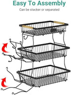 3 Tier Fruit Basket for Kitchen Counter with 2 Banana Hangers, Countertop Metal Fruit Bowl with Wooden Handle, Large Storage Stand for Vegetables, Snacks, Breads, Produce Storage – Black - Image 4