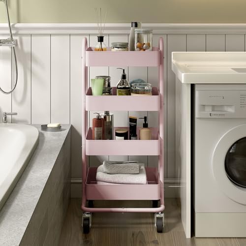 4 Tier Metal Rolling Cart Pink Utility Cart with Wheels,Rolling Pink Cart for Office,Home,Kitchen,Garden（13.4"x18.1"x40"） - Image 6