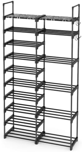 ROJASOP Shoe Rack Organizer, 10-Tier Metal Shoe Rack for Closet Entryway Garage, 32-36 Pairs Tall Shoe Boot Storage Shelf with Hooks, Stackable Large Shoe Stand, Black by ROJASOP