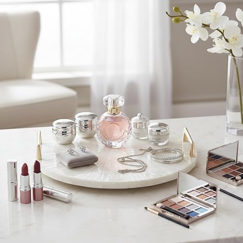 PEMAR Mother of Pearl Decorative Tray, 13" Round with Gold Metal Handles, Vanity/Perfume/Trinket Tray, Catchall for Dresser, Bathroom, Vanity Table (White Sunlight) - Image 5