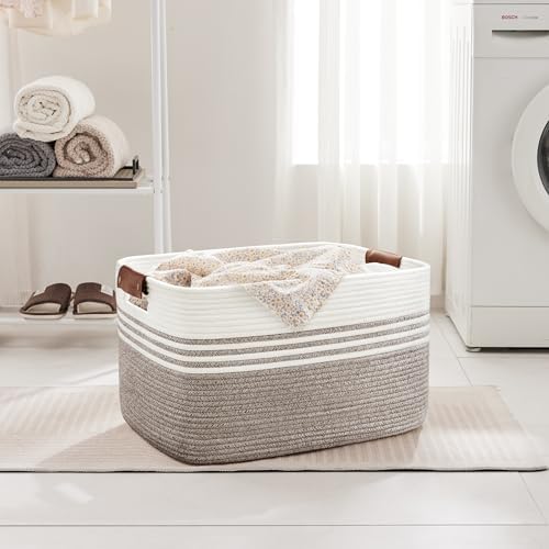 72L Woven Laundry Basket Hamper with Leather Handles,Dark Brown - Image 3