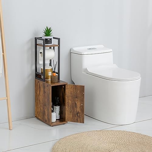 SUNTAGE Small Narrow Bathroom Storage Cabinet w/Toilet Paper Roll Holder, Slim Toilet Paper Storage for Bathroom, Brown by suntage