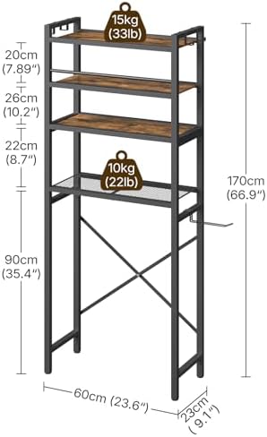 YATINEY Over The Toilet Storage Rack, 4-Tier Freestanding Bathroom Organizer Above Toilet, Toilet Shelf with Detachable Upper Shelves, X-Shaped Back Support, Rustic Brown and Black TR05BR - Image 3