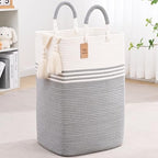 Laundry Basket Hamper,Blanket Storage,Dirty Clothes Hamper with Swivel Handles,Woven Cotton Rope Toy Baskets,Blanket Basket Living Room,Decorative Hampers for Nursery,Bedroom,White & Gray,100L by Degeyoyo