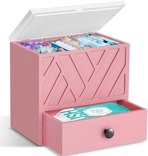 Tampon Holder for Bathroom Decor, Feminine Product Organizer with Lid and Drawer, Shark Week Tampon Storage, Wood Pad and Tampon Organizer for Toilet Organizer, Bathroom Accessories Box for Girl Stuff by Jorkol